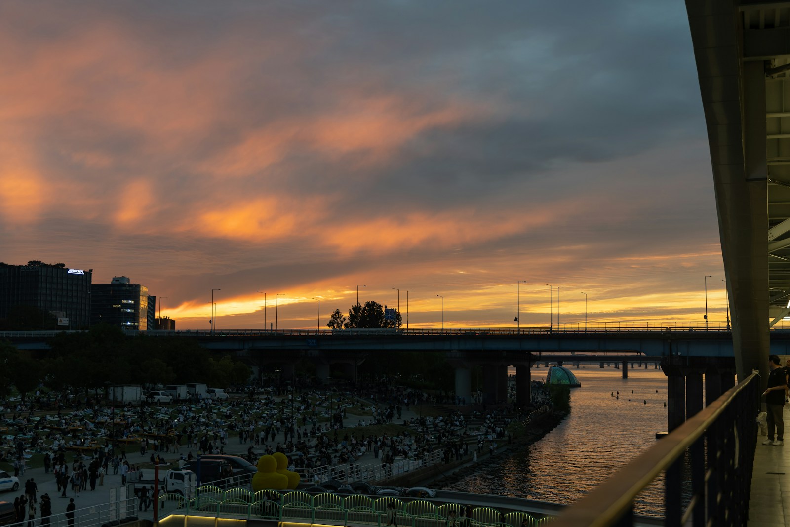 Crowds on a Han River park lawn at sunset in Seoul