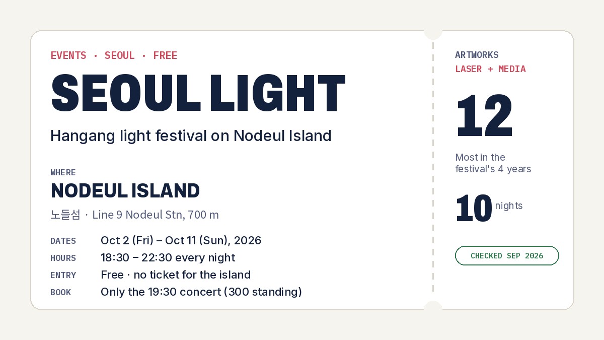 Seoul Light Hangang festival 2026 at a glance: Nodeul Island, Oct 2 to 11, 6:30 to 10:30 pm, free, 12 laser and media artworks