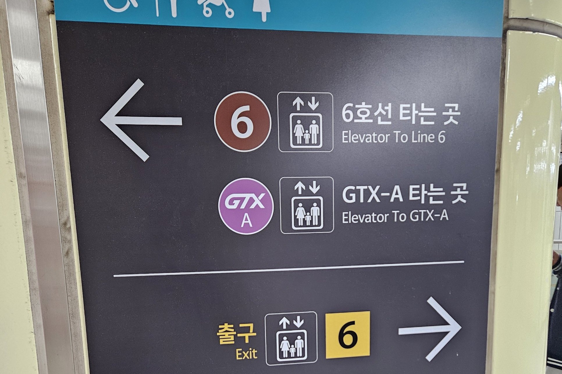 A Seoul subway sign with elevator icons pointing to Elevator To Line 6, Elevator To GTX-A and Exit 6