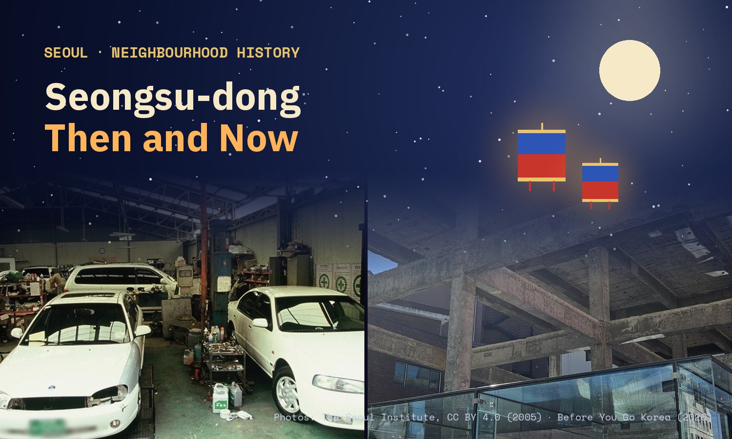 Cover image: a 2005 car repair shop in Seongsu-dong next to a 2026 shop built inside a bare concrete frame