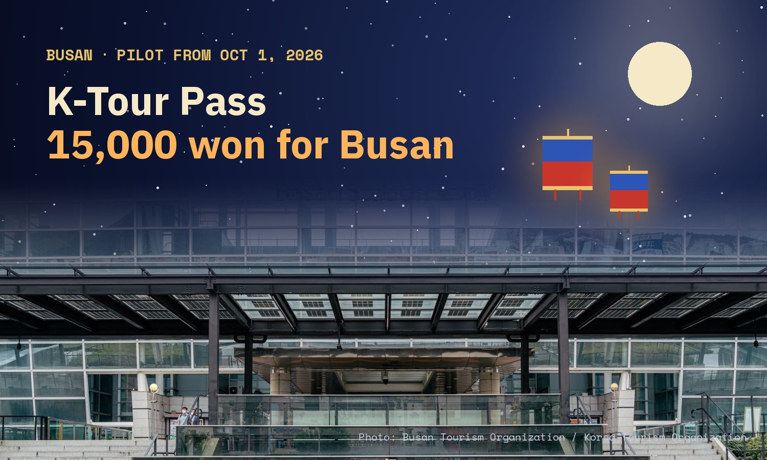 Cover image: K-Tour Pass, a 15,000 won pass for foreign visitors to Busan, over a photo of Busan Station