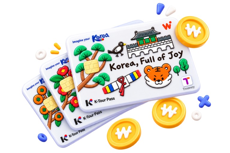 Illustration of K-Tour Pass WOWPASS cards with Korean motifs and the words Korea, Full of Joy