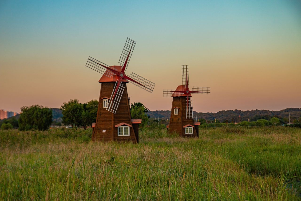 Two wooden windmills standing in a grassy wetland at Sorae Wetland Ecological Park under a sunset sky