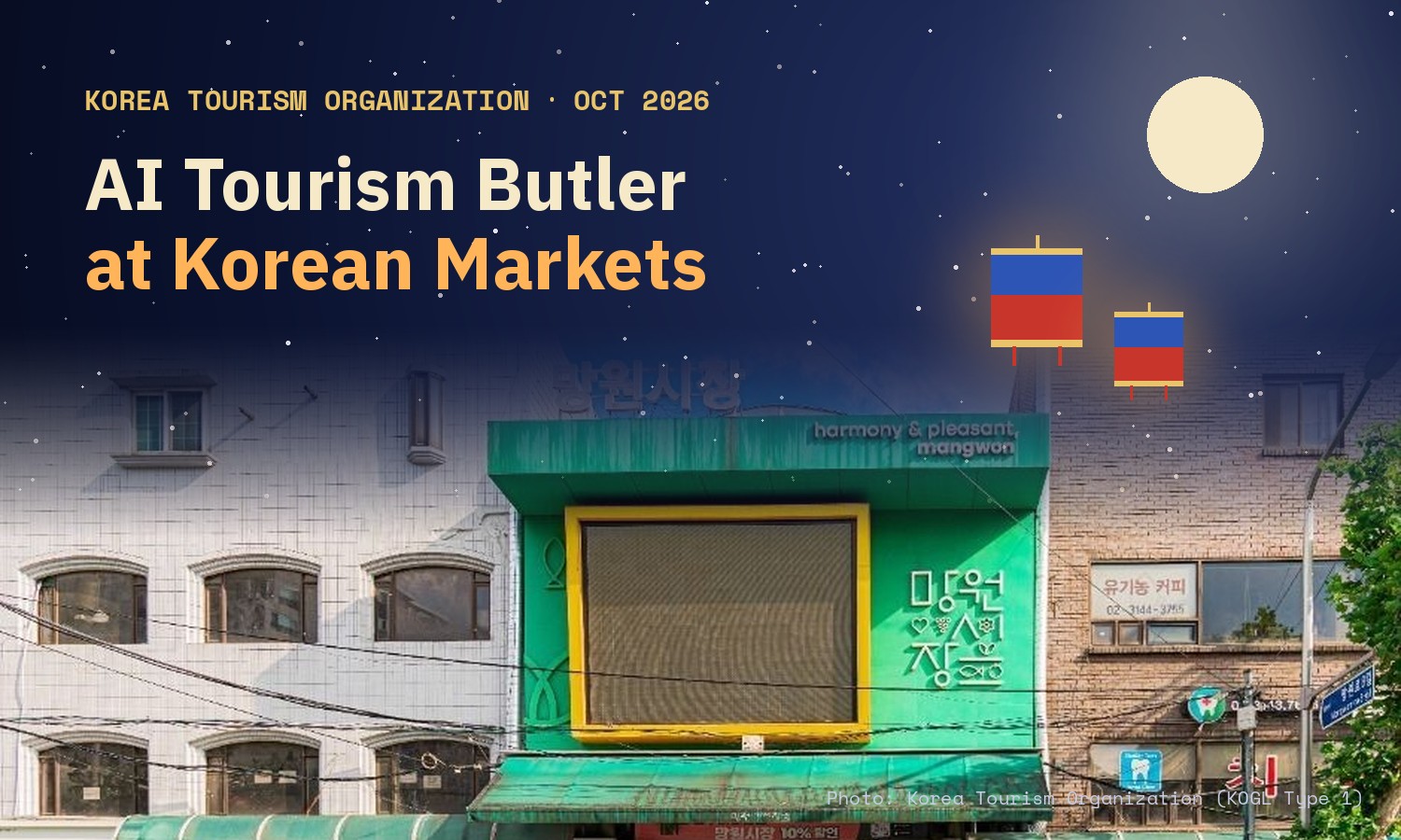 Cover image: AI Tourism Butler at Korean markets, over a photo of the green entrance sign of Mangwon Market in Seoul