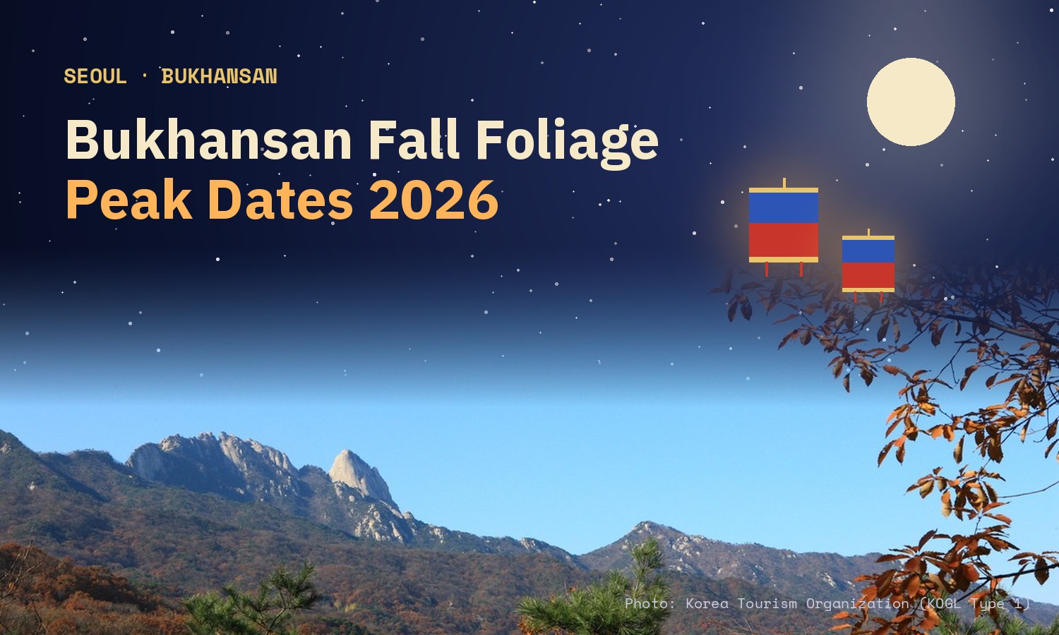 Night-sky card with the title Bukhansan Fall Foliage, Peak Dates 2026, over a photo of the granite peaks of Bukhansan with autumn leaves in the foreground