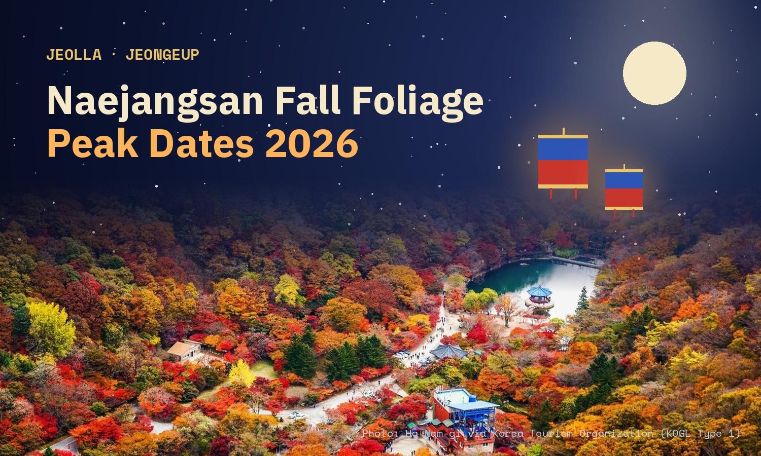Night-sky card with the title Naejangsan Fall Foliage, Peak Dates 2026, over an aerial photo of a valley full of red, orange and yellow maples with a pond and a pavilion
