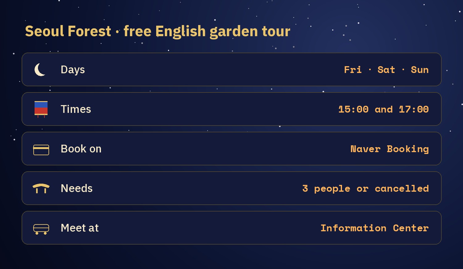 Chart of the Seoul Forest English garden tour: Friday, Saturday and Sunday at 15:00 and 17:00, free, about 20 people per session, minimum 3 people, Naver Booking