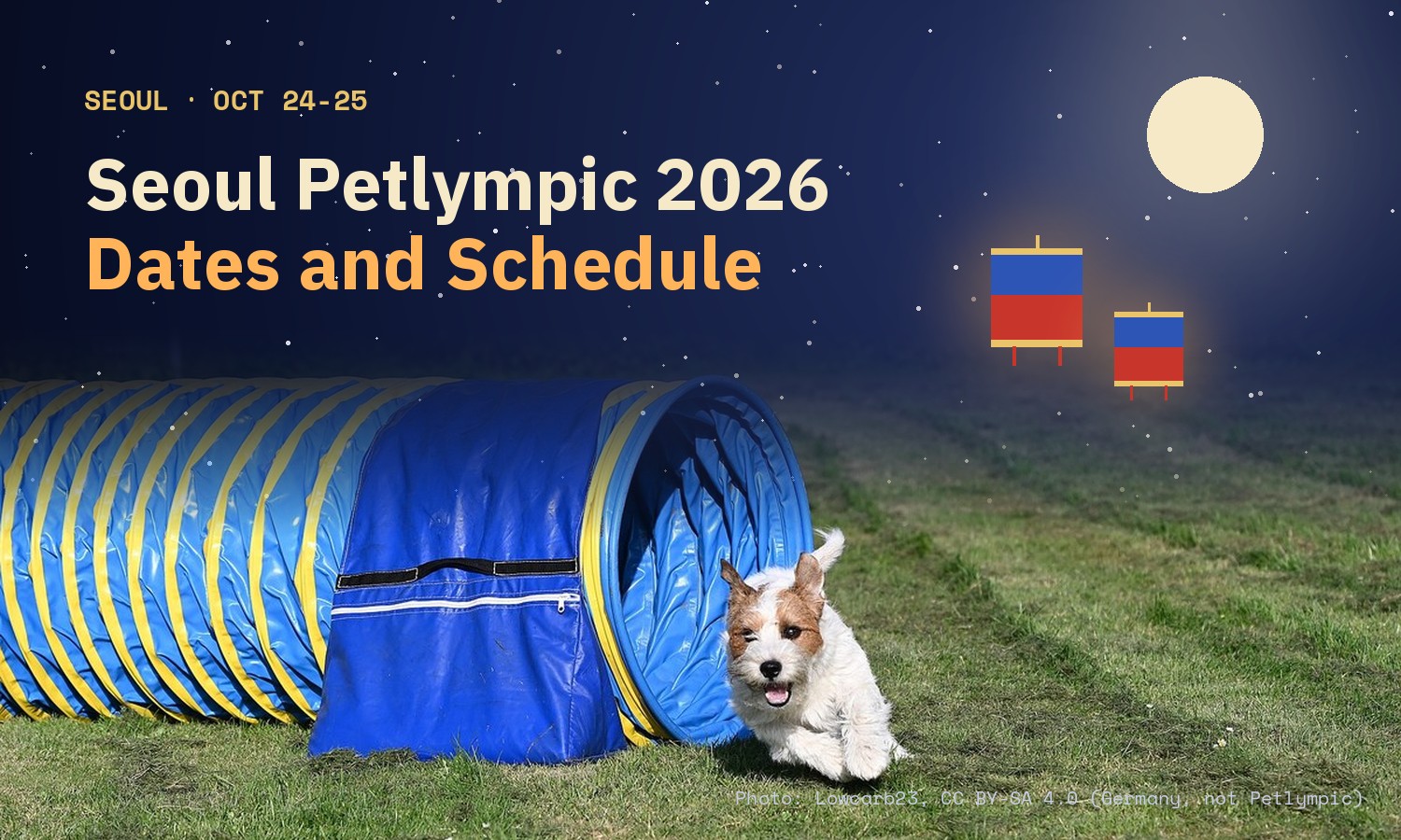 Night-sky card with the title Seoul Petlympic 2026, Dates and Schedule, over a photo of a small white and brown dog running out of a blue and yellow agility tunnel