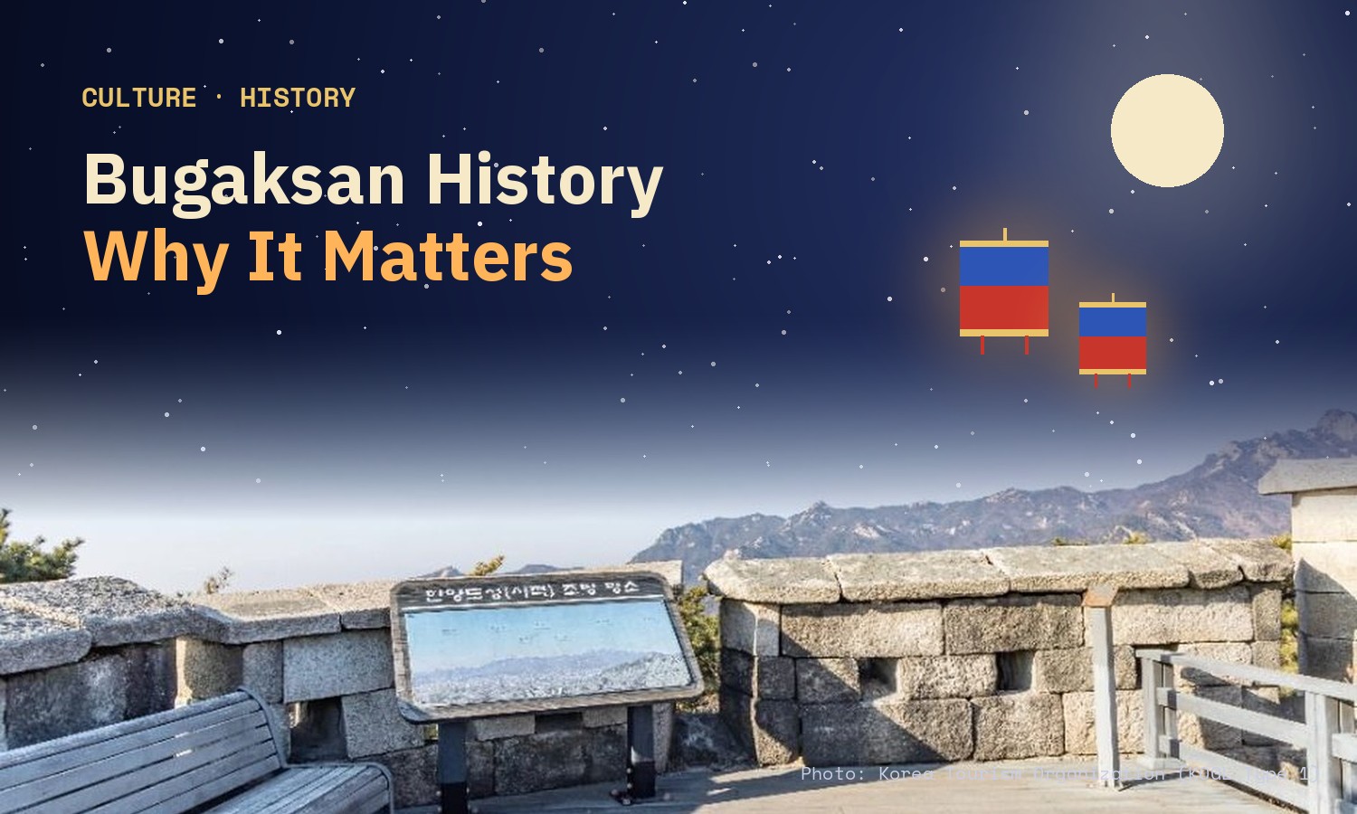 Night-sky card titled Bugaksan History, Why It Matters, over a photo of a stone city wall viewpoint with a map board and the Bukhansan ridge behind