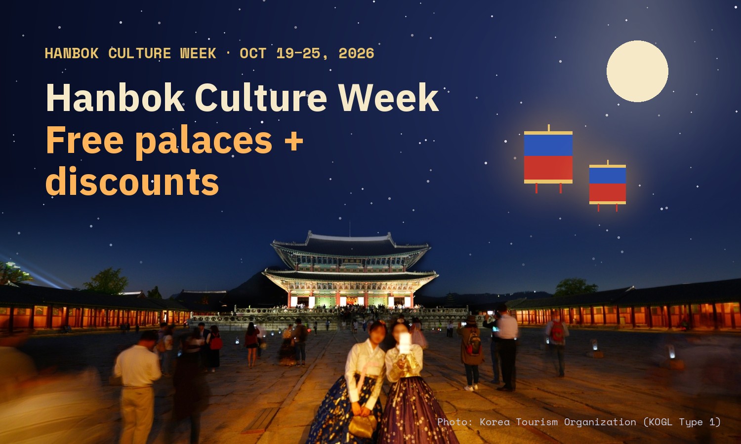 Night-sky card with the title Hanbok Culture Week, free palaces and discounts, over a night photo of two visitors in hanbok in front of Gyeongbokgung