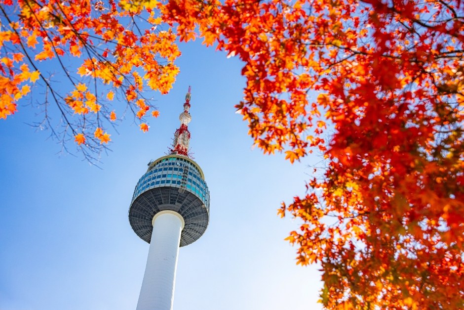 N Seoul Tower on Namsan seen from below through red and orange maple leaves against a clear blue sky