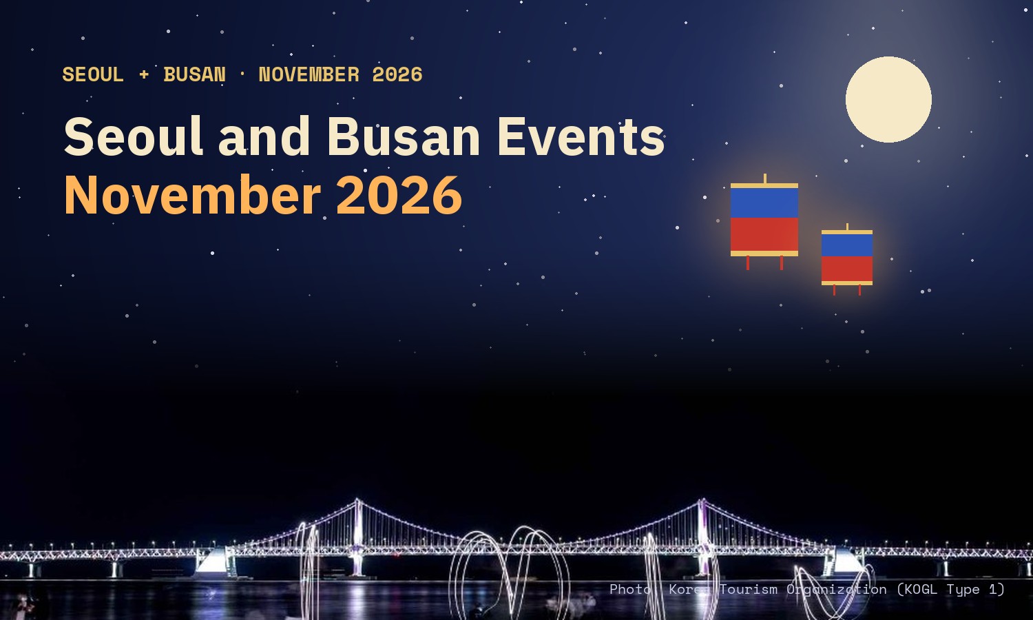 Cover image: Seoul and Busan events in November 2026, over a night photo of the lit Gwangan Bridge in Busan with light trails on the sand