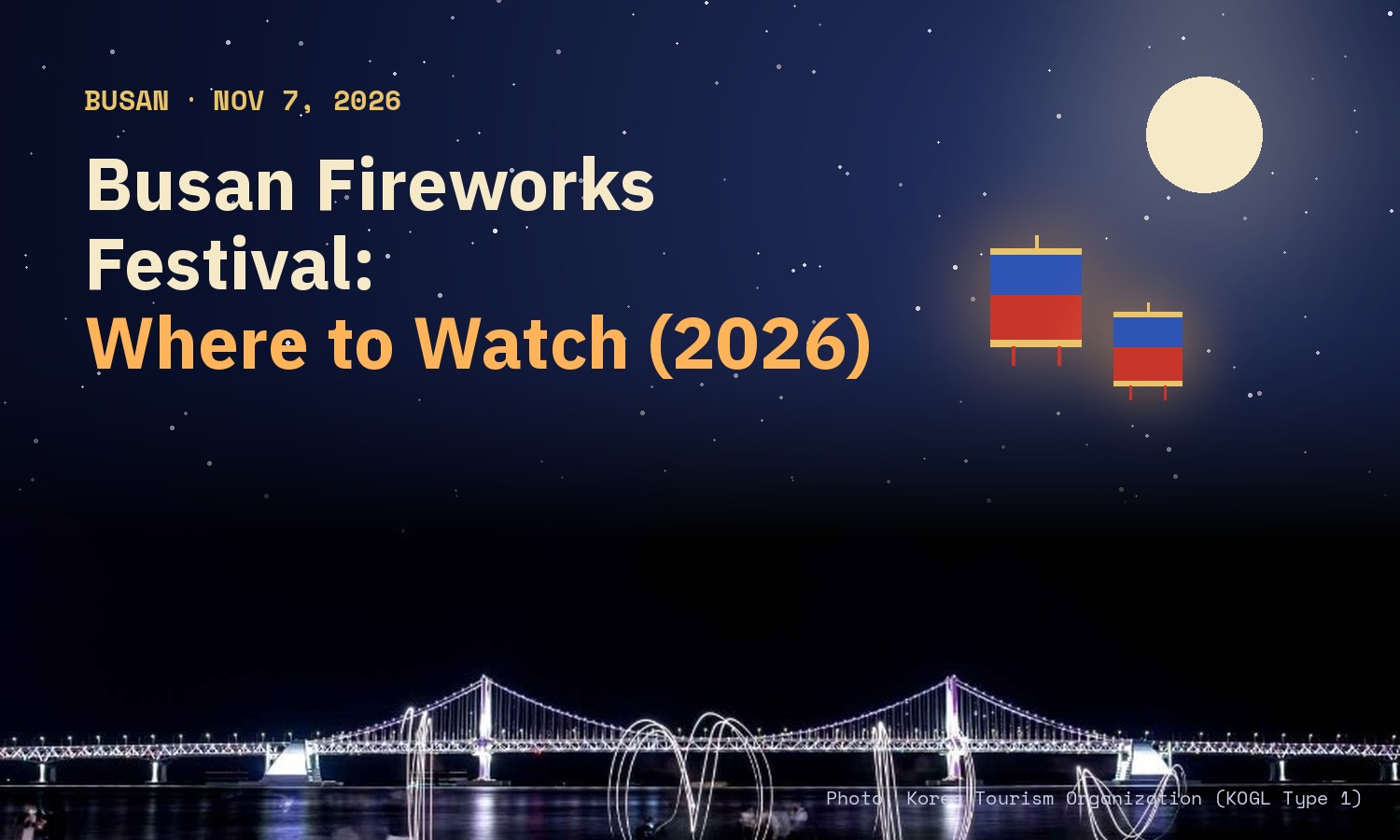 Night-sky card with the title Busan Fireworks Festival: Where to Watch (2026) over a photo of the lit Gwangan Bridge at night with light trails on the sand at Gwangalli Beach