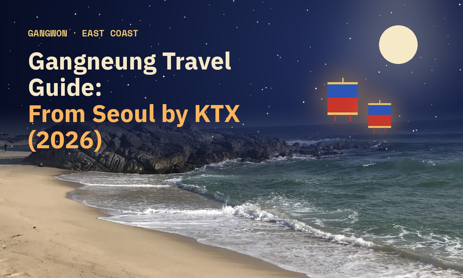 Night-sky card with the title Gangneung Travel Guide from Seoul by KTX (2026) over a photo of waves rolling onto a sandy beach beside a dark rock outcrop
